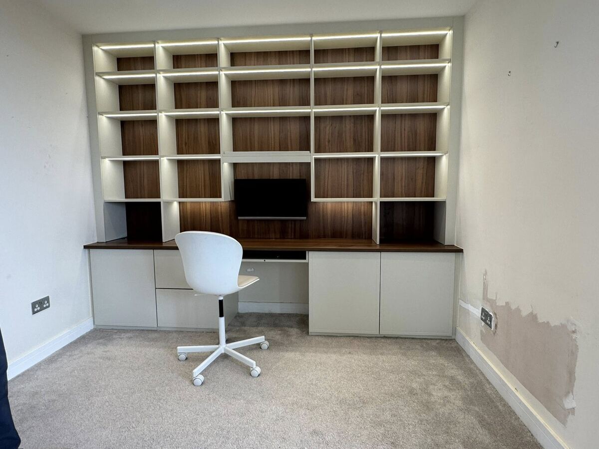 Bespoke built-in shelving and desk made by a Newcastle joiner